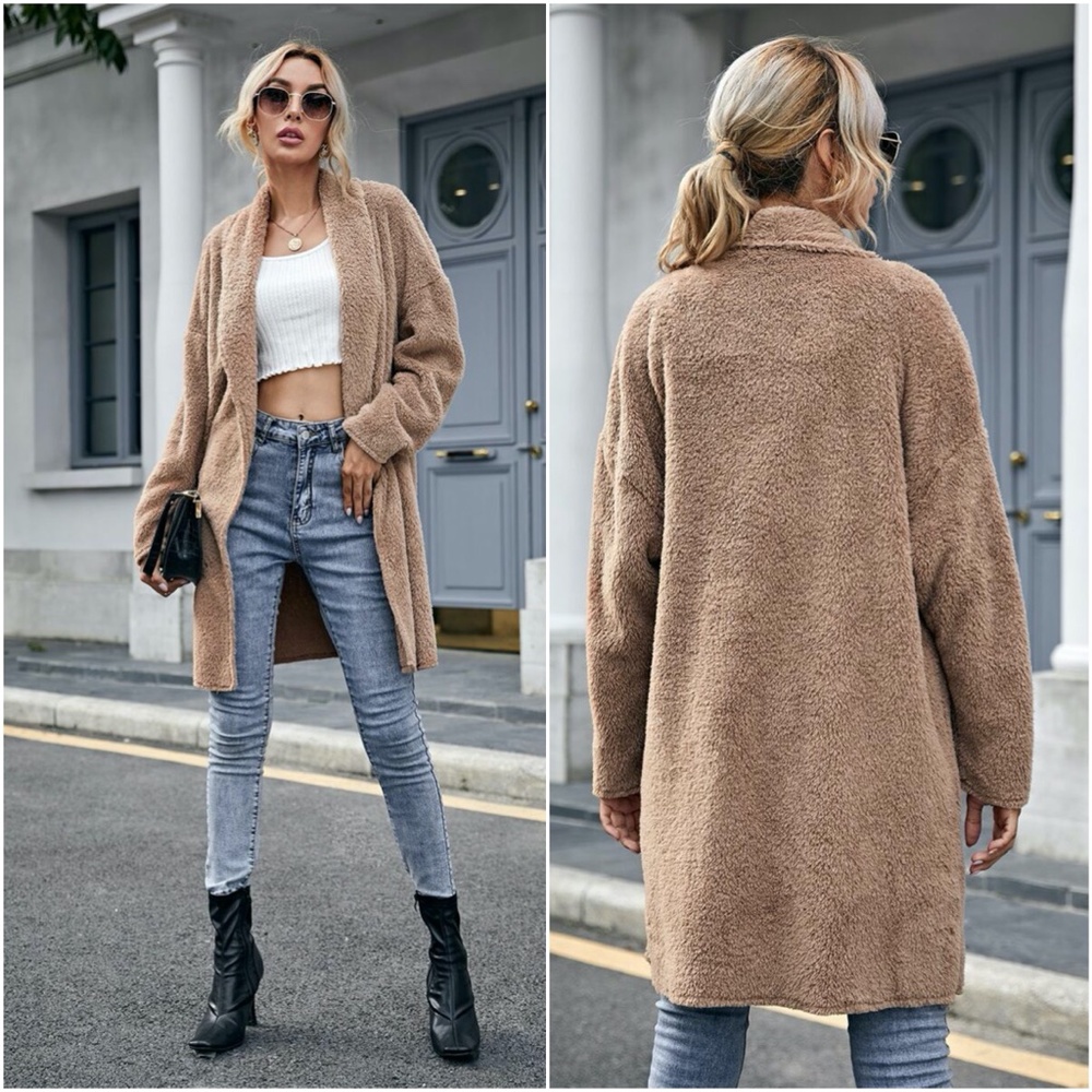 fall camel teddy cozy jacket cardigan open front - Picture 5 of 6